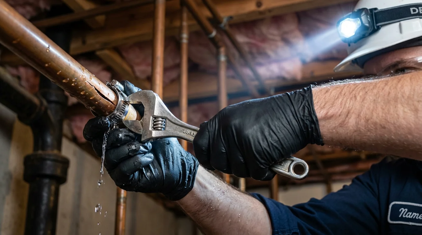 Emergency pipe clamp repair being performed by a Johns Plumbing LLC plumber in Arnett